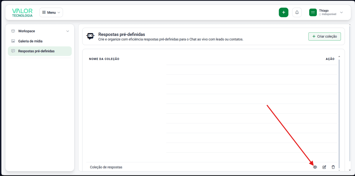 pre-definida novo contato Valor Tecnologia