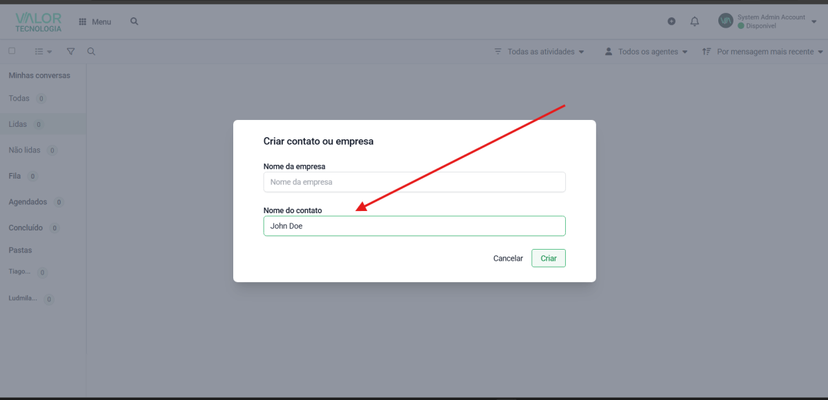 adicionar novo contato Valor Tecnologia